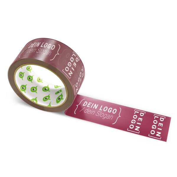 PP-Packband mit Logo Druck - 2-farbig - 66 m Feuersteinrot - CMYK 0/71/50/60 - Laut abrollend