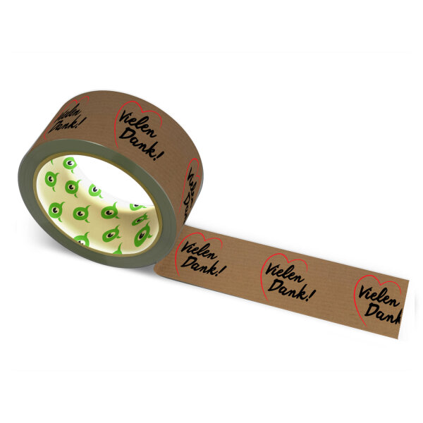 Papier Klebeband bedruckt mit Motto: Vielen Dank in Herz - 50 m braun