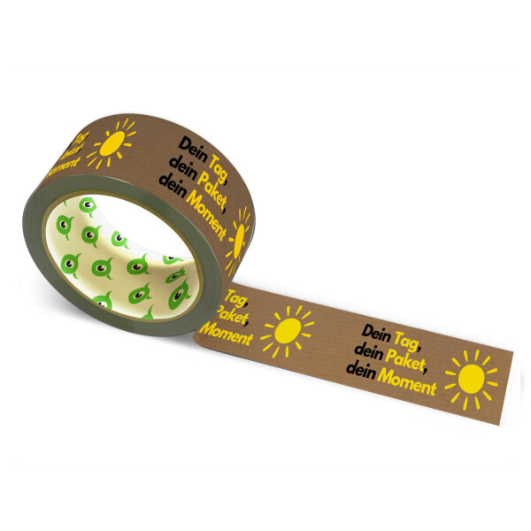 Papier Klebeband bedruckt mit Motto: Dein Tag, dein Paket, dein Moment mit Sonne - 50 m braun