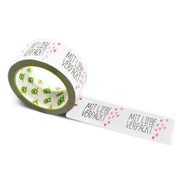 Papier Klebeband bedruckt mit Motto: Mit Liebe verpackt & Herzen - 50 m weiss