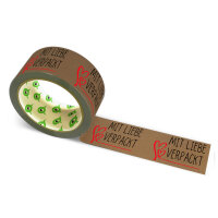 12x Paper Tape: "Mit Liebe verpackt & Herzen" (Wrapped with Love & Hearts) · brown · 50 mm × 50 m