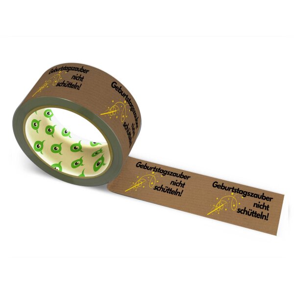 12x Paper Tape: "Geburtstagszauber nicht Schütteln" (Birthday Magic – Do Not Shake) · brown · 50 mm × 50 m