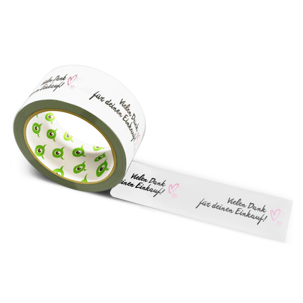 12x Papier Klebeband bedruckt mit Motto: Vielen Dank für deinen Einkauf, mit Herzen 002 - 50 m weiss
