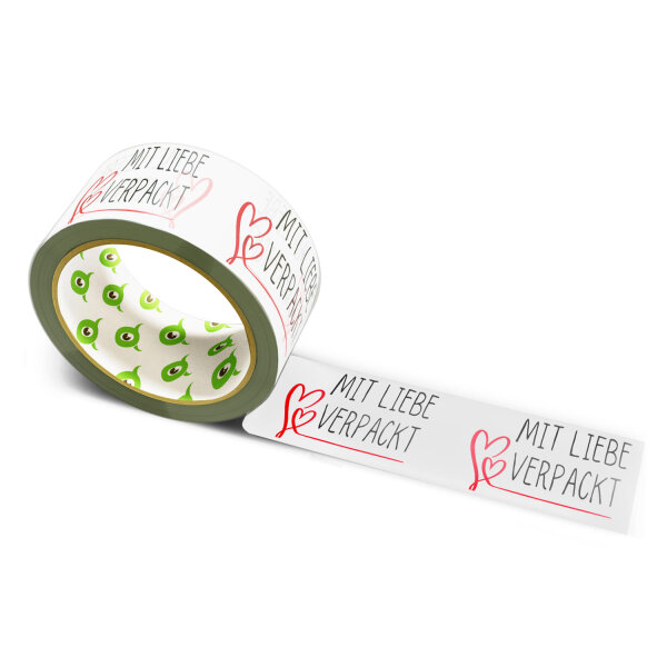 12x Paper Tape: "Mit Liebe verpackt & Herz-Schleife" (Wrapped with Love & Heart-Ribbon) · white · 50 mm × 50 m