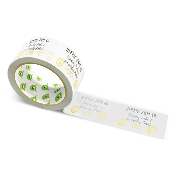 12x Paper Tape: "Hippie zum 60. Frieden & Liebe" (Hippie at 60 – Peace & Love) · white · 50 mm × 50 m