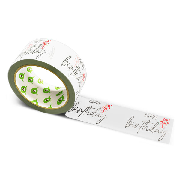 12x Paper Tape: "Happy Birthday mit Herzgeschenk" · white · 50 mm × 50 m
