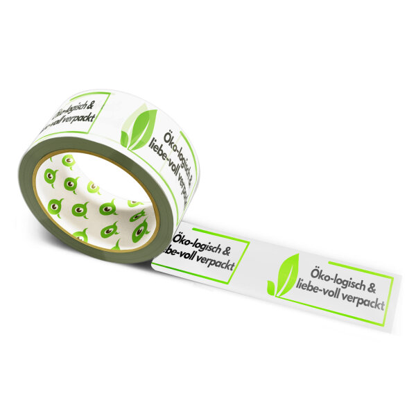 12x Papier Klebeband bedruckt mit Motto: Ökologisch und liebevoll verpackt - 50 m weiss