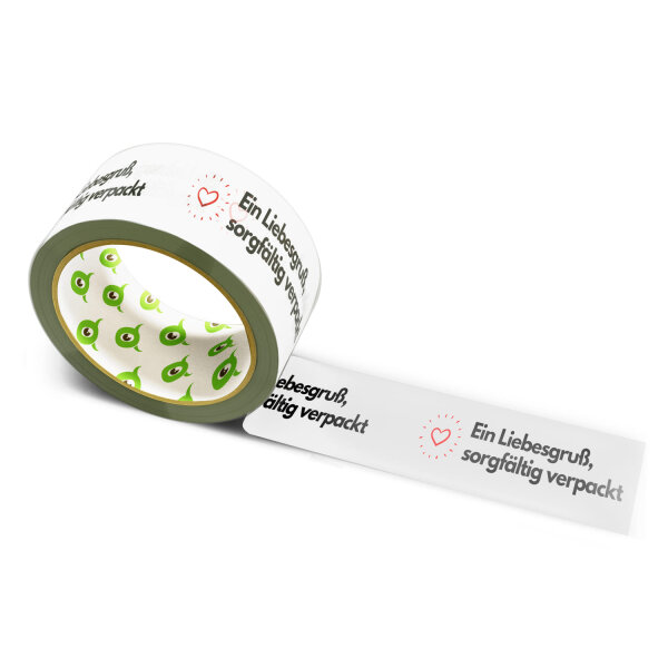 12x Paper Tape: "Liebesgruß sorgfältig verpackt mit Herz" (Love Greeting, Carefully Wrapped, with Heart) · white · 50 mm