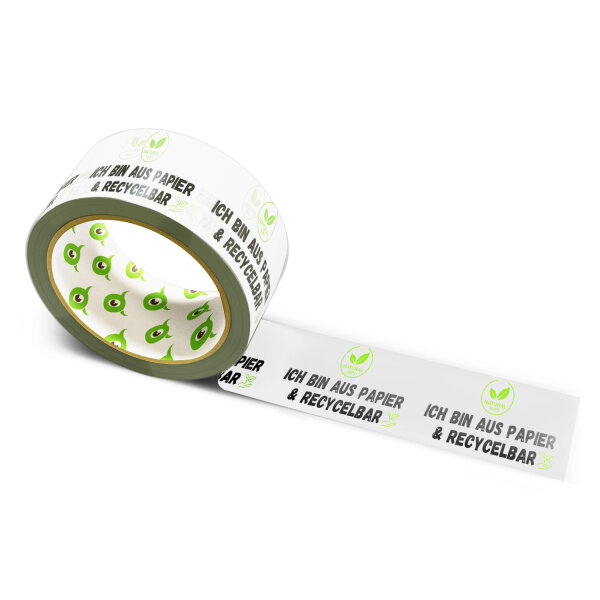 12x Paper Tape: "Ich bin aus Papier und recycelbar" (Im Made of Paper and Recyclable) · white · 50 mm × 50 m