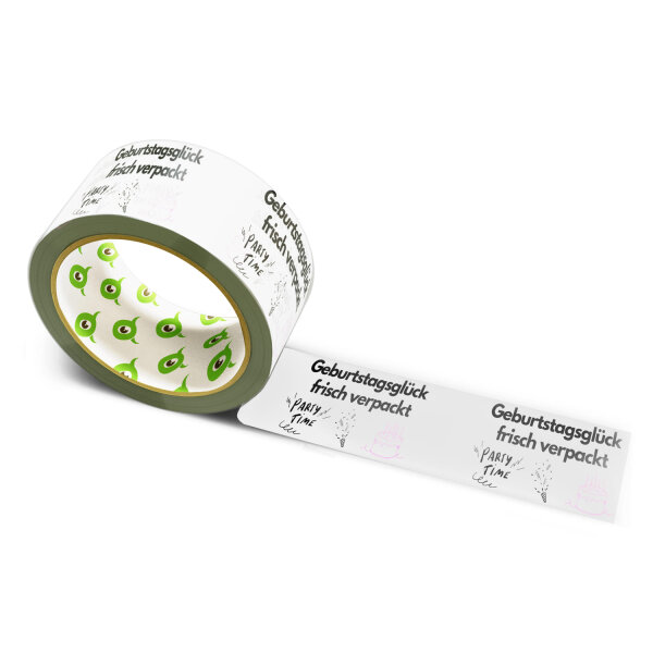 12x PVC Tape: "Geburtstagsglück frisch verpackt" (Birthday Happiness Freshly Wrapped) · 50 mm × 66 m