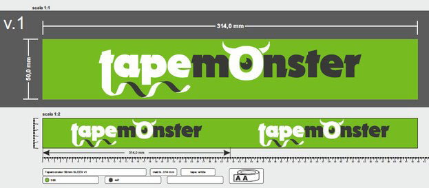 Full-coverage background print on packing tape with sleeve plate, Tapemonster logo on green background
