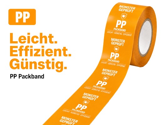 Bedrucktes PP-Klebeband mit Logo — einfarbig auf brauner Rolle, Allround-Lösung für Versand