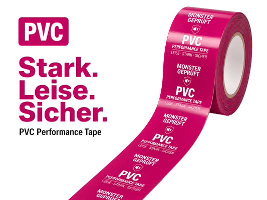 Bedrucktes PVC-Klebeband in Pink mit weißem Aufdruck — stark, leise und sicher, mit Tapemonster-Branding