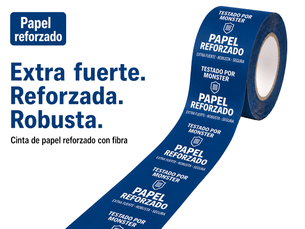 Cinta de papel reforzada con logo — refuerzo de fibra de vidrio para paquetes pesados de hasta 35 kg