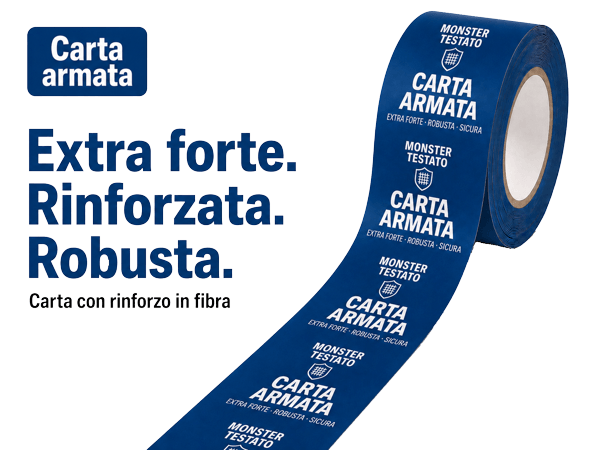 Nastro di carta rinforzato con logo — rinforzo in fibra di vetro per pacchi pesanti fino a 35 kg