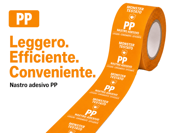 Nastro PP personalizzato con logo — monocolore su un rotolo marrone, soluzione tuttofare per le spedizioni