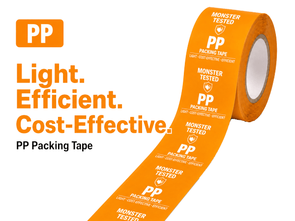 Custom printed PP tape with logo — single-color on a brown roll, all-round solution for shipping