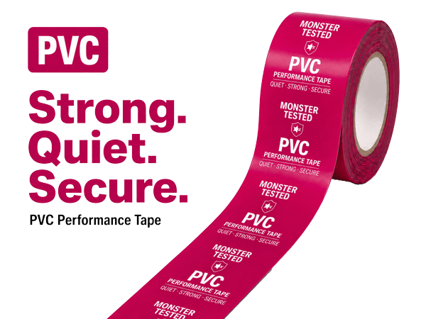 Custom printed PVC tape in pink with a white print — strong, quiet and secure, with Tapemonster branding