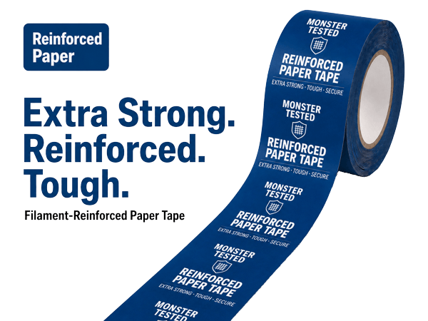 Reinforced paper tape with logo — fiberglass reinforcement for heavy parcels up to 35 kg