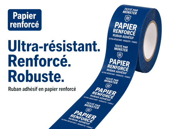 Ruban papier renforcé avec logo — renfort en fibre de verre pour colis lourds jusqu'à 35 kg
