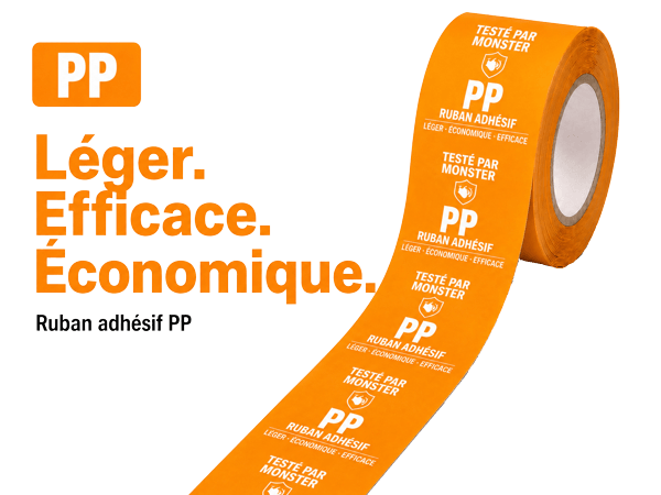 Ruban PP imprimé avec logo — monochrome sur rouleau brun, solution polyvalente pour l'expédition